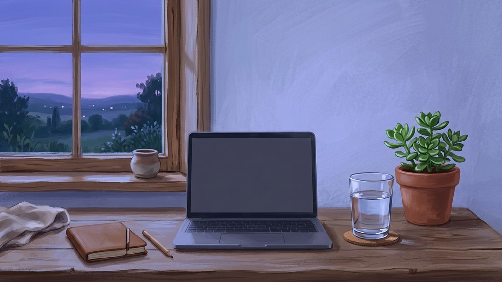 Ilustrasi meja senja dengan laptop tertutup, segelas air, dan dedaunan di dekat jendela