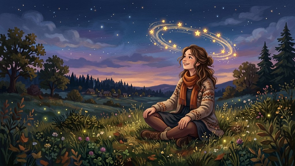Ilustrasi orang duduk di rerumputan senja dengan lingkaran bintang berputar di atas kepalanya