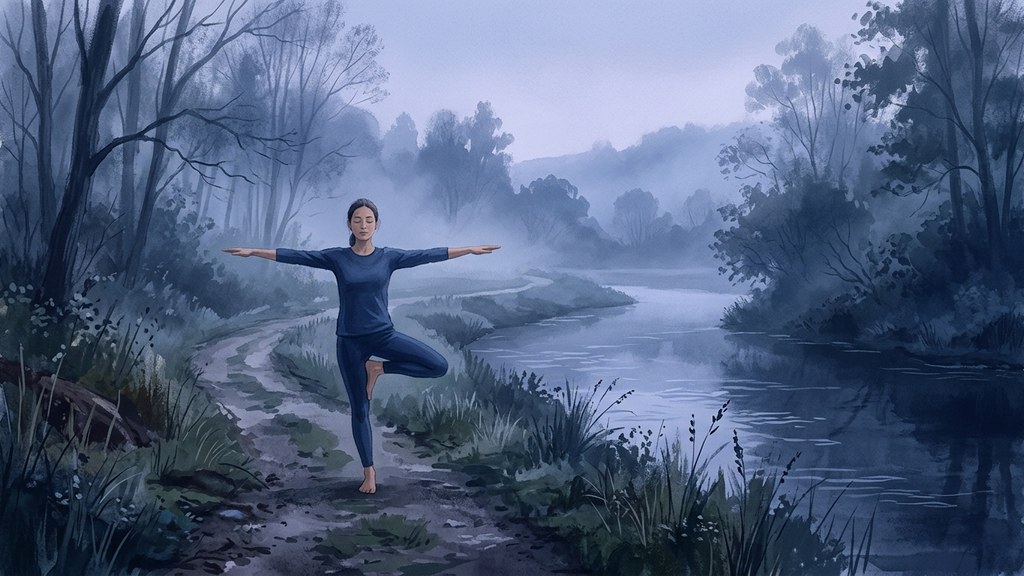 Ilustrasi seseorang berlatih berdiri satu kaki di tepi jalan setapak berkabut saat fajar