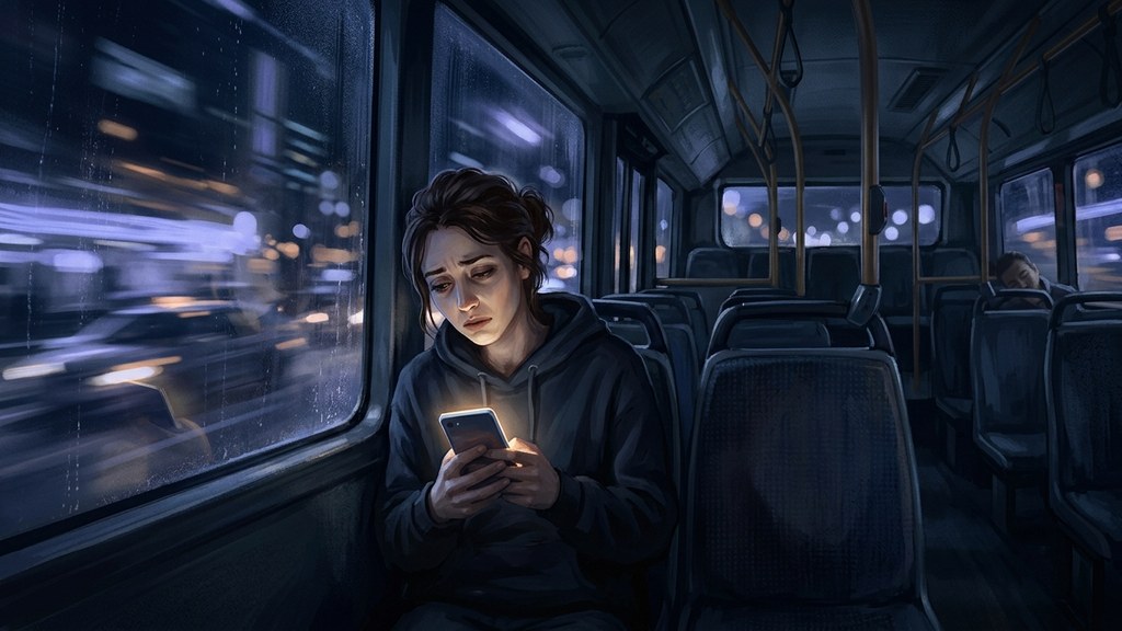 Ilustrasi penumpang bus malam memandang layar ponsel dengan cahaya kota meluber di luar jendela